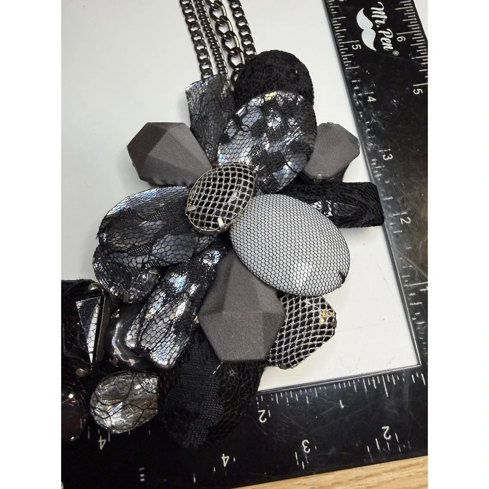 Cara New York Gunmetal Statement Necklace Mixed Media Lace Stone Floral Bib